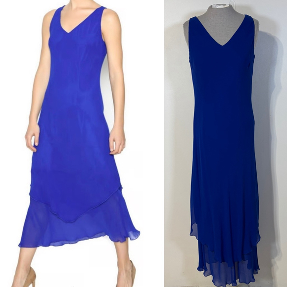 Simply Silk Midi Layered Tiered Dress Women’s Large Blue Sleeveless V-Neck NWT - Picture 1 of 11